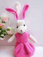 AI generated Knitted rabbit in pink dress. st. valentine's day decor. knitted toy, amigurumi. valentines day greeting card ai generated photo