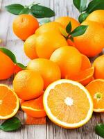 ai generado Fresco naranja y rebanadas con hojas antecedentes vitamina C concepto ai generado foto