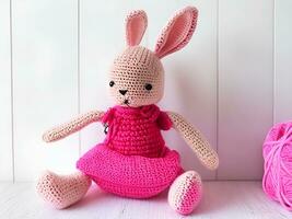 AI generated Knitted rabbit in pink dress. st. valentine's day decor. knitted toy, amigurumi. valentines day greeting card ai generated photo