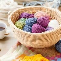 AI generated Multi-colored tangles of yarn in a wicker basket on the table. tea in a beautiful white cup. japanese style wabi sabi. home comfort, handicraft. ai generated photo