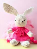 AI generated Knitted rabbit in pink dress. st. valentine's day decor. knitted toy, amigurumi. valentines day greeting card ai generated photo