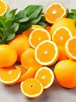 ai generado Fresco naranja y rebanadas con hojas antecedentes vitamina C concepto ai generado foto