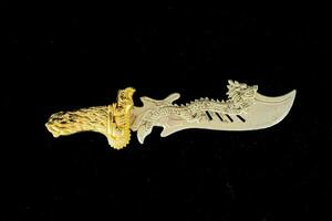 a gold and silver knife with a dragon on it photo