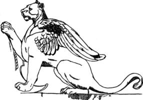 Winged Lioness is used as a supporter, vintage engraving. vector