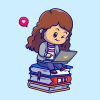 Cute Girl Playing Laptop On Book Cartoon Vector Icon Illustration. Technology Science Icon Concept Isolated Premium Vector. Flat Cartoon Style