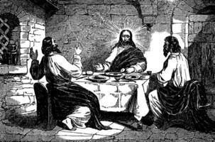 Jesus Appears to Cleopas and Another Disciple at Dinner vintage illustration. vector