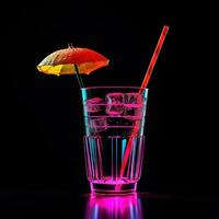 AI generated Cocktail with straw and umbrella. Neon color, 90s style. Vacation, party or holiday photo