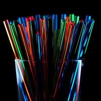 AI generated Neon colored cocktail straw in a glass. Holiday photo