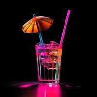 AI generated Cocktail with straw and umbrella. Neon color, 90s style. Vacation, party or holiday photo