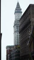 The city view with the old buildings and street in the rainy day photo