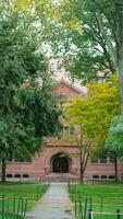 The beautiful campus autumn view with the colorful trees and leaves in the rainy day photo