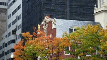 The beautiful campus autumn view with the colorful trees and leaves in the rainy day photo