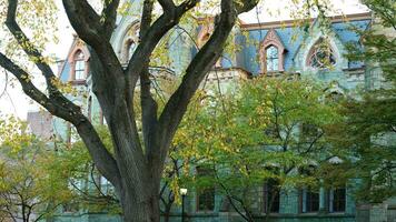 The beautiful campus view with the colorful trees and leaves in autumn photo