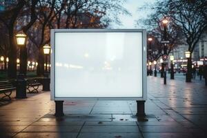 AI Generated Blank white billboard or display, advertising, blurred background.by Generative AI. photo