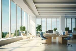 ai generado brillante y limpiar oficina ambiente resumen antecedentes brillante oficina con plantas y grande ventanas por generado ai foto