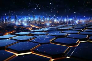 AI Generated Futuristic blue hexagon background science illustration HUD components Technology concept. 3D landscape. Big data future abstract background. photo