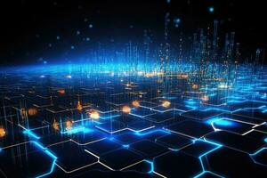 AI Generated Futuristic blue hexagon background science illustration HUD components Technology concept. 3D landscape. Big data future abstract background. photo