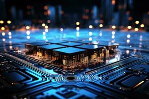 AI Generated Computer technology image with circuit board background, ideal for various topics related to computers and AI by generated AI photo