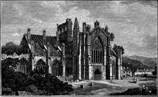 Melrose Abbey Ruins, a Gothic-style abbey in Melrose, vintage engraving. vector