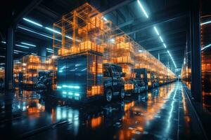 AI Generated A cargo transport robot is parked on the floor near shelves with merchandise in a spacious warehouse that is lit at night. by Generative AI photo