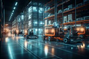 AI Generated A cargo transport robot is parked on the floor near shelves with merchandise in a spacious warehouse that is lit at night. by Generative AI photo