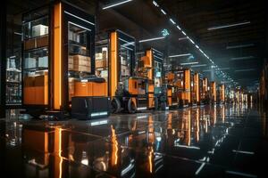AI Generated A cargo transport robot is parked on the floor near shelves with merchandise in a spacious warehouse that is lit at night. by Generative AI photo