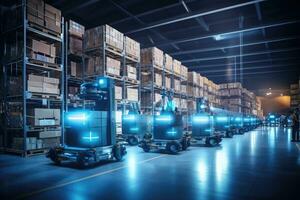 AI Generated A cargo transport robot is parked on the floor near shelves with merchandise in a spacious warehouse that is lit at night. by Generative AI photo