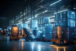 AI Generated A cargo transport robot is parked on the floor near shelves with merchandise in a spacious warehouse that is lit at night. by Generative AI photo