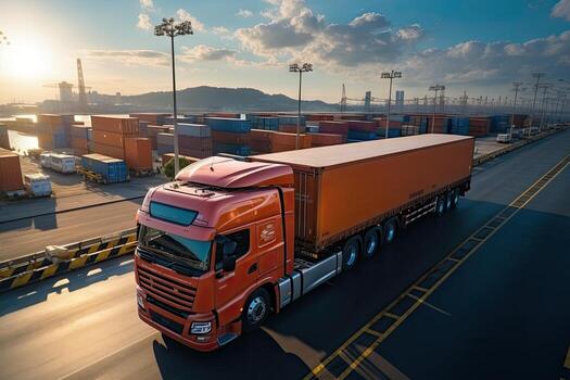 AI Generated An image depicting logistics with a container truck, ship in port, and airplane for import export industry.by Generative AI photo