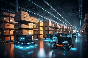 AI Generated A cargo transport robot is parked on the floor near shelves with merchandise in a spacious warehouse that is lit at night. by Generative AI photo