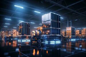 AI Generated A cargo transport robot is parked on the floor near shelves with merchandise in a spacious warehouse that is lit at night. by Generative AI photo