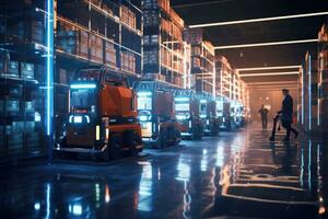 AI Generated A cargo transport robot is parked on the floor near shelves with merchandise in a spacious warehouse that is lit at night. by Generative AI photo