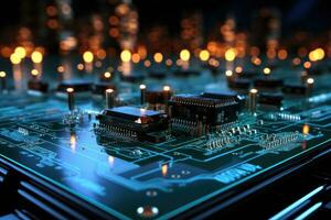 AI Generated Computer technology image with circuit board background, ideal for various topics related to computers and AI by generated AI photo