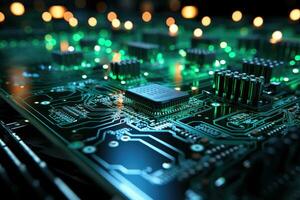 AI Generated Computer technology image with circuit board background, ideal for various topics related to computers and AI by generated AI photo