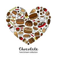 Doodle chocolate and cocoa products in heart shape. vector