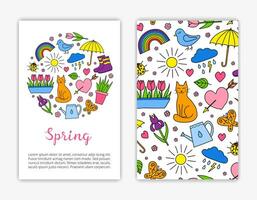 Card templates with hand drawn spring items. vector