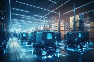 AI Generated A cargo transport robot is parked on the floor near shelves with merchandise in a spacious warehouse that is lit at night. by Generative AI photo