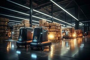 AI Generated A cargo transport robot is parked on the floor near shelves with merchandise in a spacious warehouse that is lit at night. by Generative AI photo