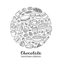 Doodle chocolate products in circle. vector