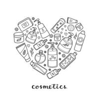 Hand drawn beauty products in heart shape. vector