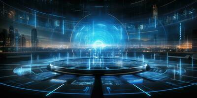 AI Generated Futuristic technology background with a digital HUD interface, showcasing virtual computer screens and cyber communication holograms in a VR cyberspace by Generative AI photo