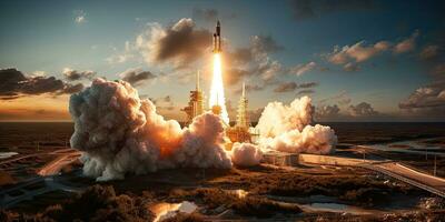 AI Generated A rocket launched into the vast space of the universe. A historical mission by Generative AI photo