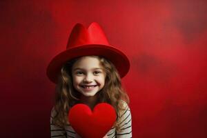 ai generado retrato de un linda pequeño niña con rojo corazón en san valentin día concepto. foto