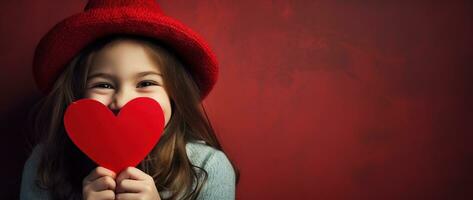 ai generado retrato de un linda pequeño niña con rojo corazón en san valentin día concepto. foto