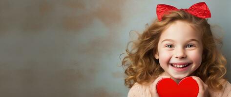 ai generado retrato de un linda pequeño niña con rojo corazón en san valentin día concepto. foto