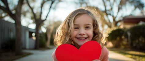 ai generado retrato de un linda pequeño niña con rojo corazón en san valentin día concepto. foto