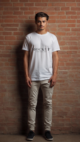 AI generated a man wearing a white t-shirt against brick wall, mockup for design psd