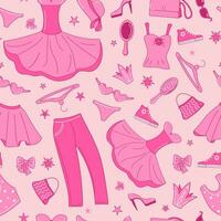 Pink fashion  set. Pattern of  doll accessories. Clothes for princess, girls. Party, ball gown, shoes, bag, crown. vector