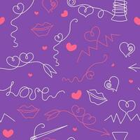 Set of Valentine's Day icons. Drawing, sketch. Linear art style. Seamless pattern. Vector background. Inscription, hobby, threads, needles, heart.