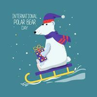 A cartoon polar bear with a gift in a box sits on a sled. Arctic animal. International Polar Bear Day, signed postcard. Hand lettering. vector